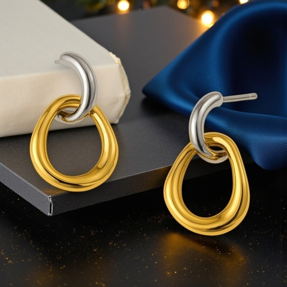 🆕️Versatile 2-in-1 Two-Tone 18K Gold Plated Stainless Steel Dainty Earrings ✨ - Picture 1 of 15